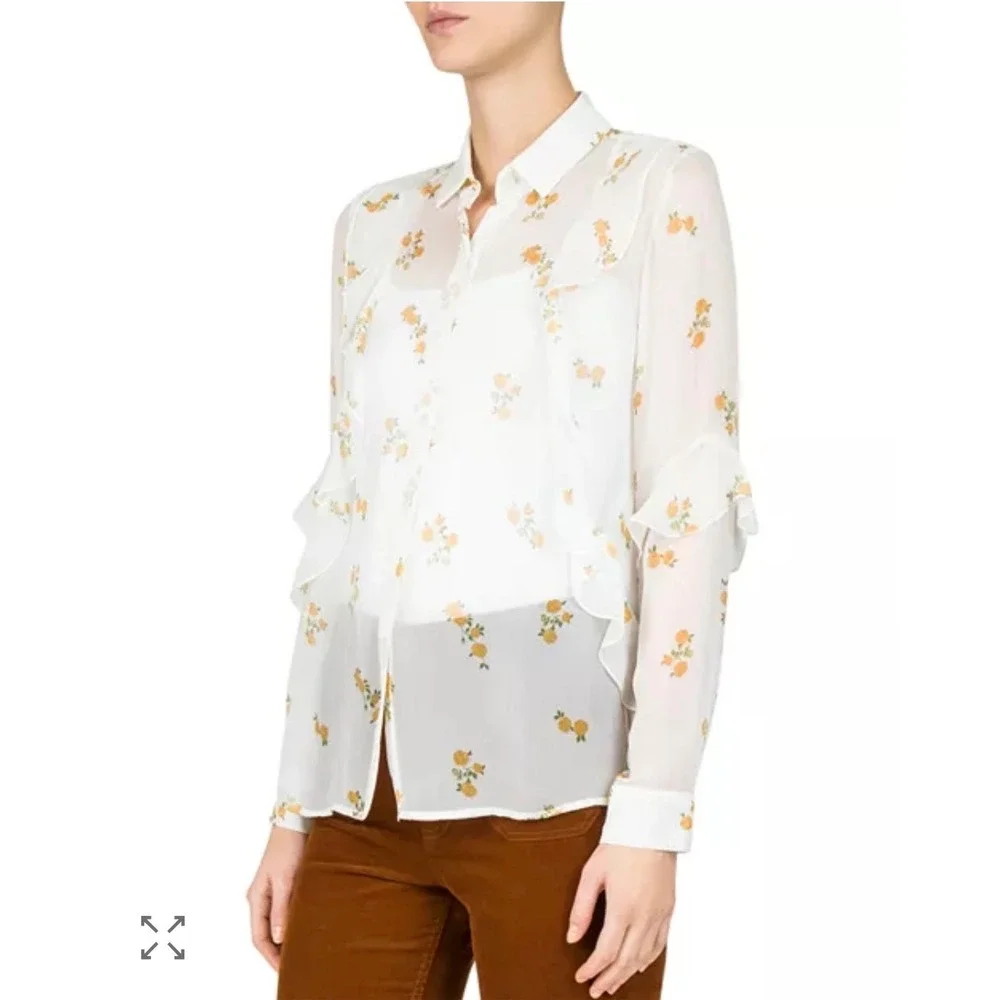 The Kooples Popcorn Floral-Print Sheer Silk Shirt Ruffle Button Down FR 1/US S - Picture 2 of 13